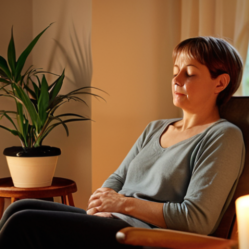 The Gentle Beginning**
"A young to middle-aged person in a comfortable, relaxed sitting posture (e.g., on a chair or cushion) in a softly lit, cozy living room corner. Their eyes are gently closed, and their expression is serene, signaling a newfound sense of peace. A lit candle or a small, healthy houseplant is visible nearby, creating a personal 'oasis' of calm. The background is slightly blurred, emphasizing the intimate, undisturbed setting. The lighting is warm and diffused, suggesting early morning or late evening. Realistic, inviting, soft focus, German home aesthetic."

**