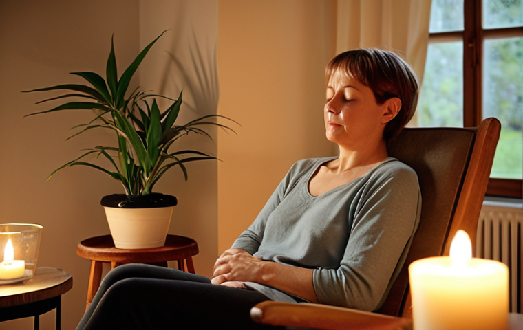 The Gentle Beginning**
"A young to middle-aged person in a comfortable, relaxed sitting posture (e.g., on a chair or cushion) in a softly lit, cozy living room corner. Their eyes are gently closed, and their expression is serene, signaling a newfound sense of peace. A lit candle or a small, healthy houseplant is visible nearby, creating a personal 'oasis' of calm. The background is slightly blurred, emphasizing the intimate, undisturbed setting. The lighting is warm and diffused, suggesting early morning or late evening. Realistic, inviting, soft focus, German home aesthetic."
**