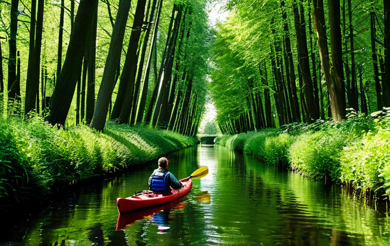**

"A serene scene of a person kayaking on a narrow, hidden canal in the Spreewald forest, Germany. Lush green vegetation lines the banks. The paddler is fully clothed in modest outdoor attire. Sunlight filters through the trees. Safe for work, appropriate content, family-friendly, professional photography, perfect anatomy, natural proportions, high quality, fully clothed."

**