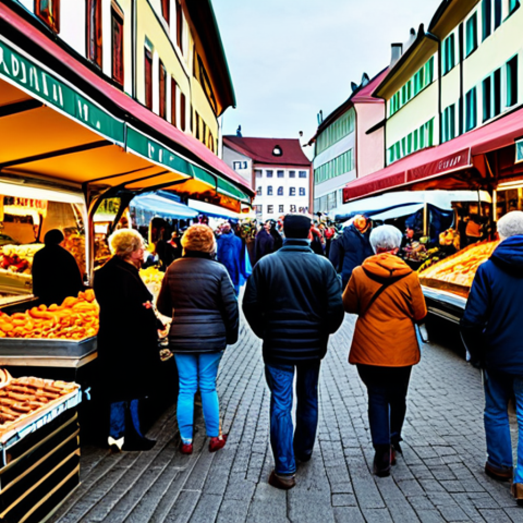 마인드풀 트래블을 위한 식사 습관 - Regional Market Scene**
"A bustling outdoor market in Bavaria, Germany, filled with vendors selling...
