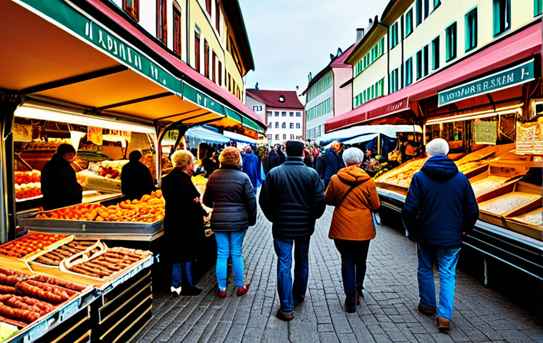 마인드풀 트래블을 위한 식사 습관 - Regional Market Scene**

"A bustling outdoor market in Bavaria, Germany, filled with vendors selling...