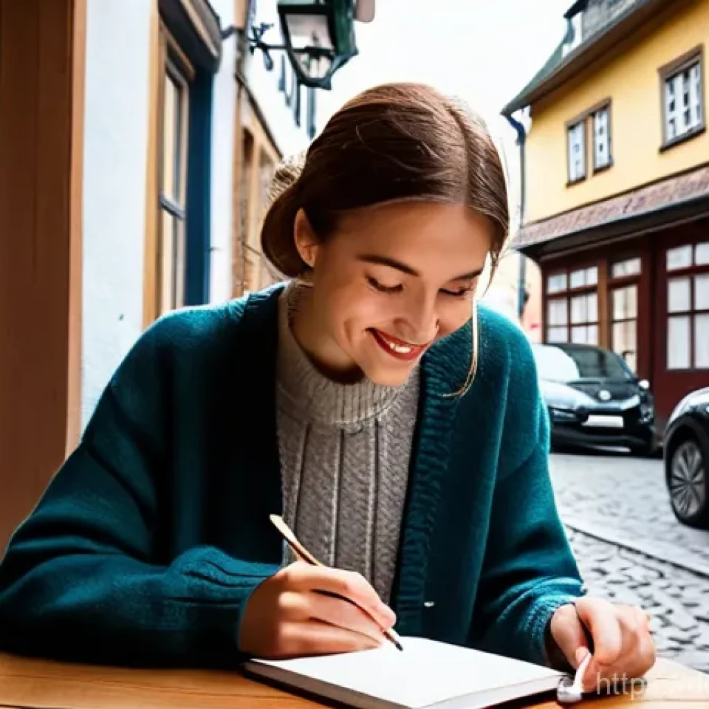 여행의 순간에 집중하는 연습 - **A Moment of Digital Detox in a German Caf&eacute;:** A young woman (mid-20s, dressed in casual, tasteful ...