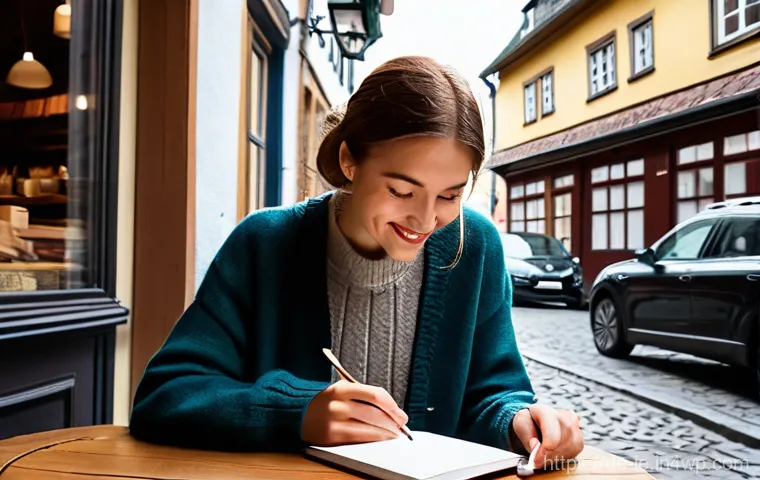 여행의 순간에 집중하는 연습 - **A Moment of Digital Detox in a German Caf&eacute;:** A young woman (mid-20s, dressed in casual, tasteful ...