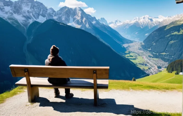 여행 중 마음을 다스리는 방법 - **Mindful Alpine Escape:** A solo traveler, seen from a slightly elevated perspective, sitting peace...