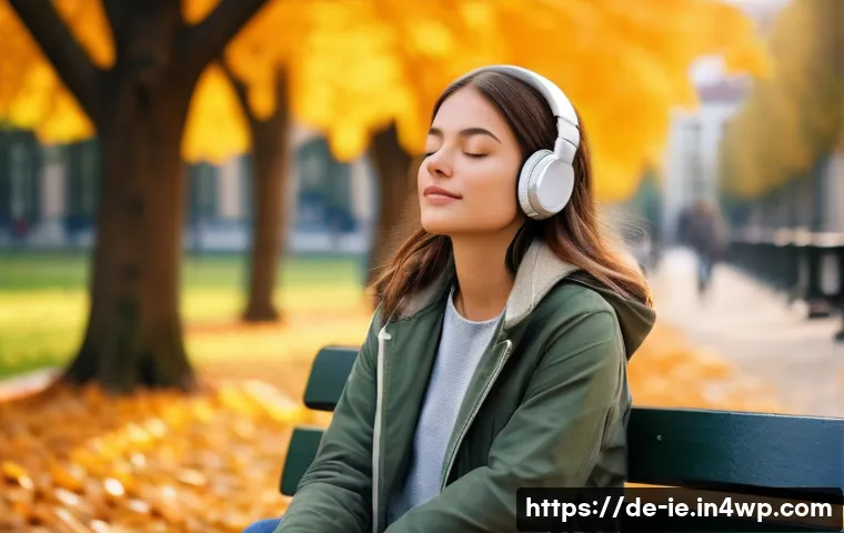 여행 중 마음 챙김을 위한 앱 추천 - A serene scene of a young woman sitting peacefully on a park bench in Berlin during autumn, wearing ...