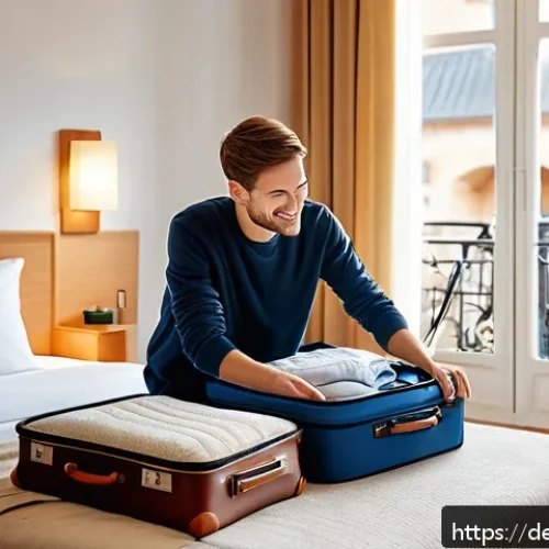 Home 32 여행 중 긍정적인 습관 강화하기 - A serene scene of a young traveler in a cozy European-style hotel room, gently unpacking a suitcase ...