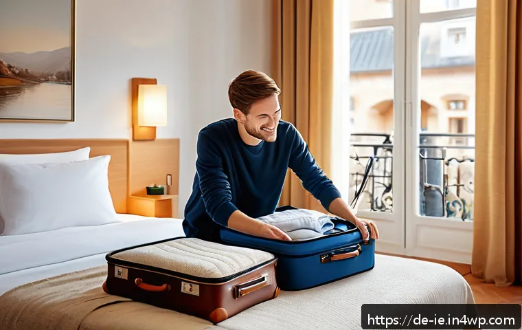 여행 중 긍정적인 습관 강화하기 - A serene scene of a young traveler in a cozy European-style hotel room, gently unpacking a suitcase ...