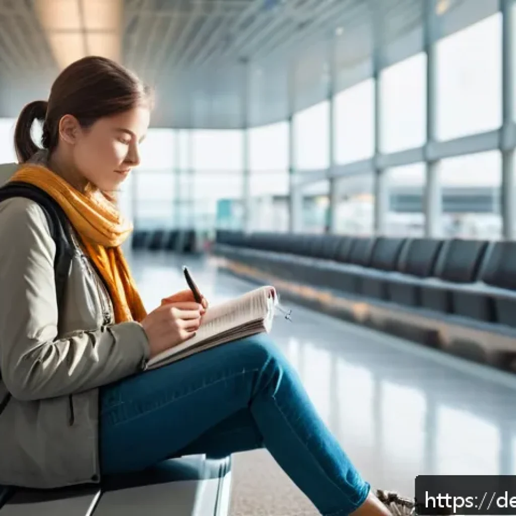 여행 중 마음 챙김 실천 방법 - A peaceful airport scene showing a young adult traveler sitting calmly in a quiet corner of a busy t...