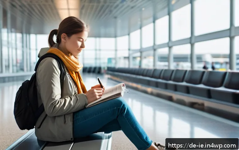 여행 중 마음 챙김 실천 방법 - A peaceful airport scene showing a young adult traveler sitting calmly in a quiet corner of a busy t...