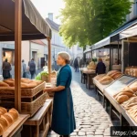 Home 18 여행 중 순간을 즐기는 방법 - A serene scene of a slow-paced European street market in the early morning light, with a middle-aged...