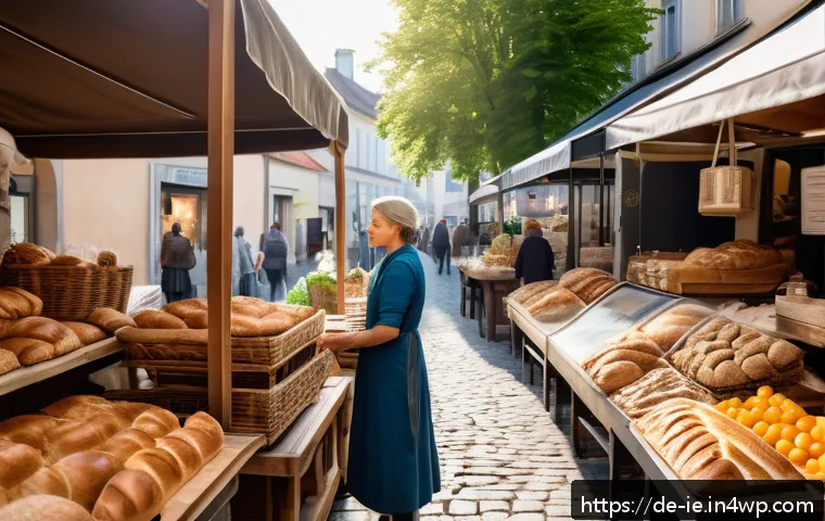 여행 중 순간을 즐기는 방법 - A serene scene of a slow-paced European street market in the early morning light, with a middle-aged...