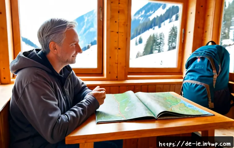 마인드풀 트래블을 위한 피드백 수용하기 - Photorealistic mindful travel scene in a quiet German alpine guesthouse lounge, a relaxed middle-age...